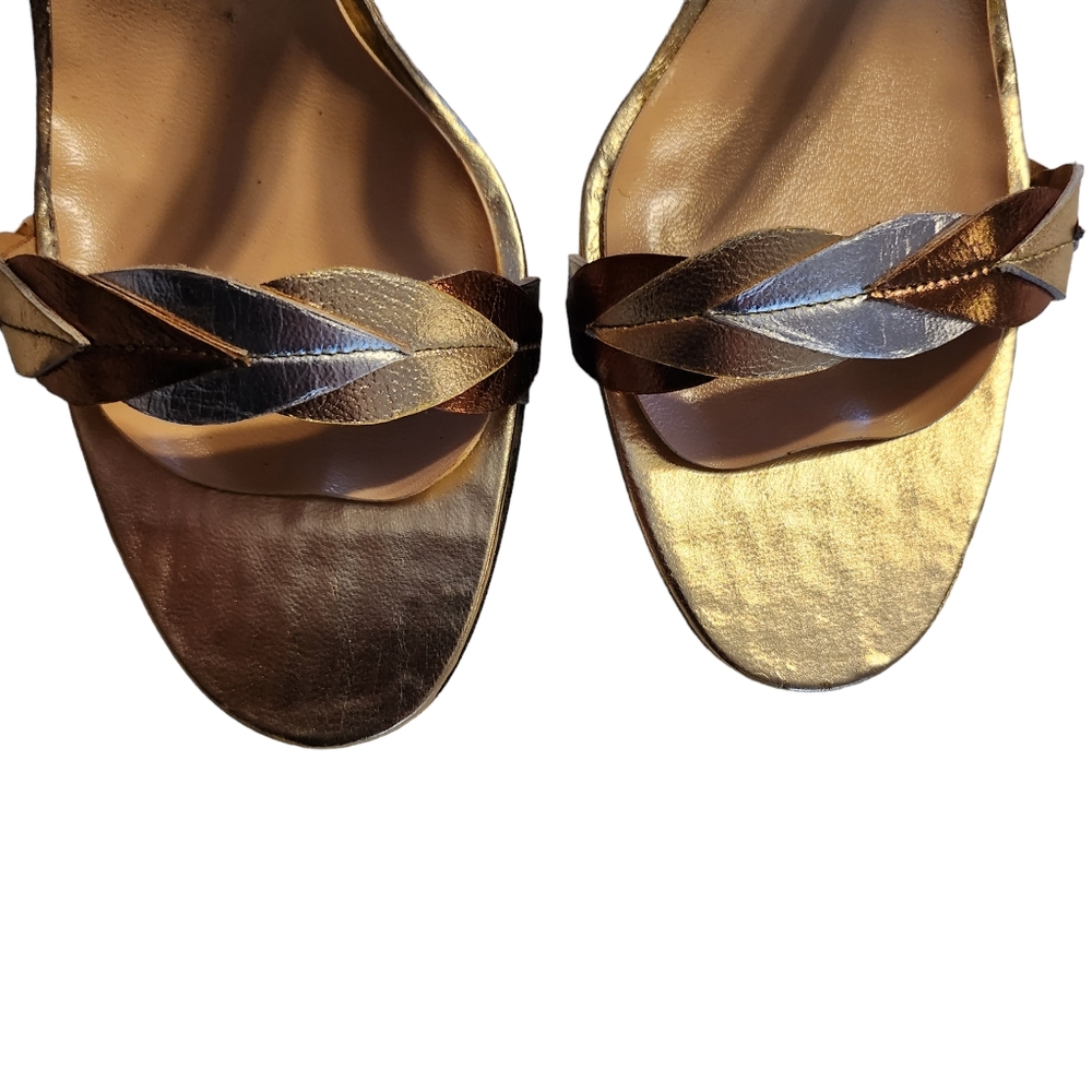 Vintage Shoe Biz Shoe Strings Gold Silver Bronze Slide Sandal Heels Size 8AA Box - Picture 14 of 15